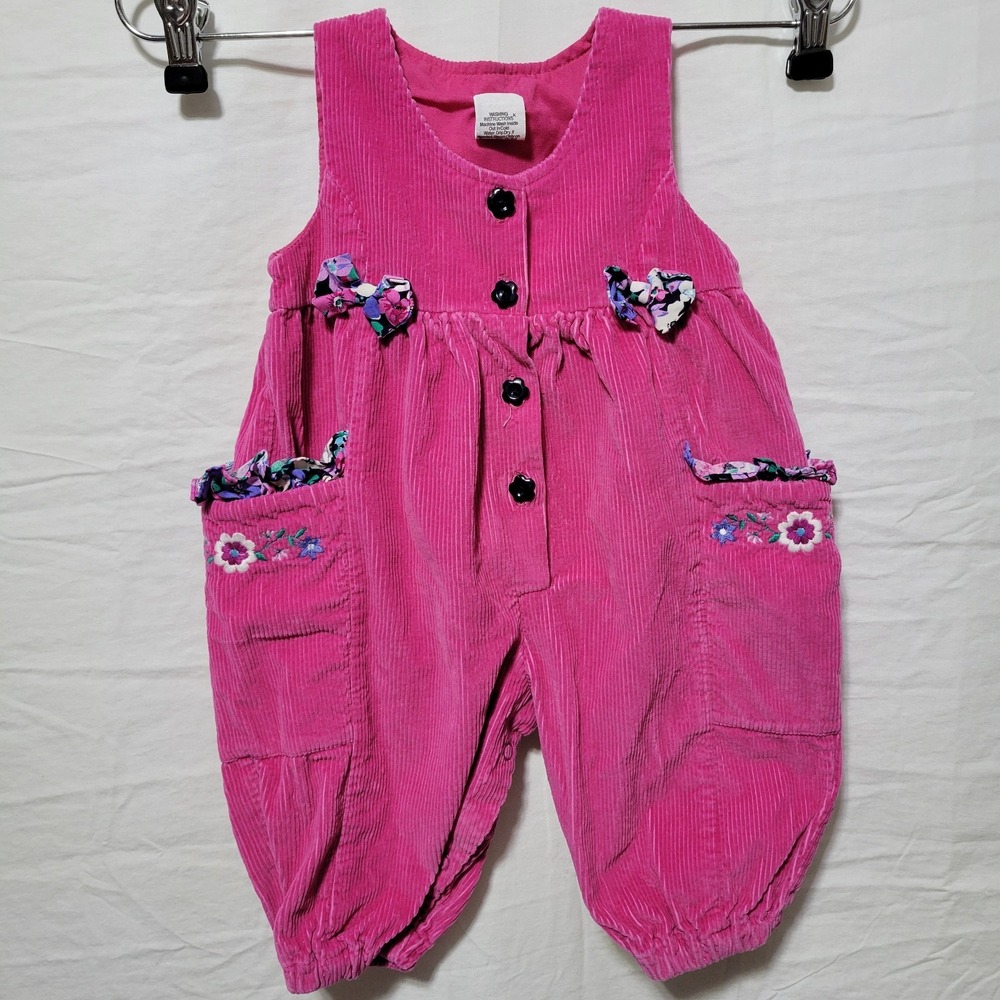 Vintage Pink Floral Corduroy Overalls 6-9M Baby 90s Retro Bows Big Pockets